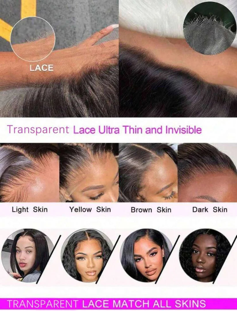 Transparent lace wig display with close-ups and skin tones compatibility on a white background.