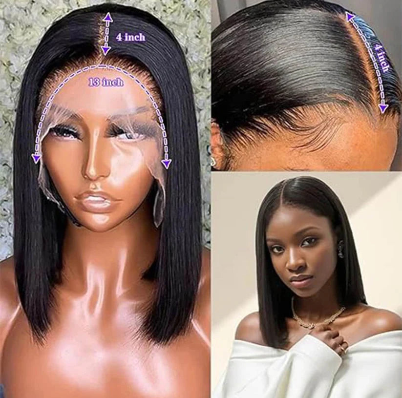 Collage of a lace front wig with measurements and a model wearing it.